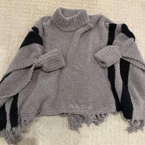 Barefoot Cozy Gray Turtleneck Fringe Sweater with Black Accent